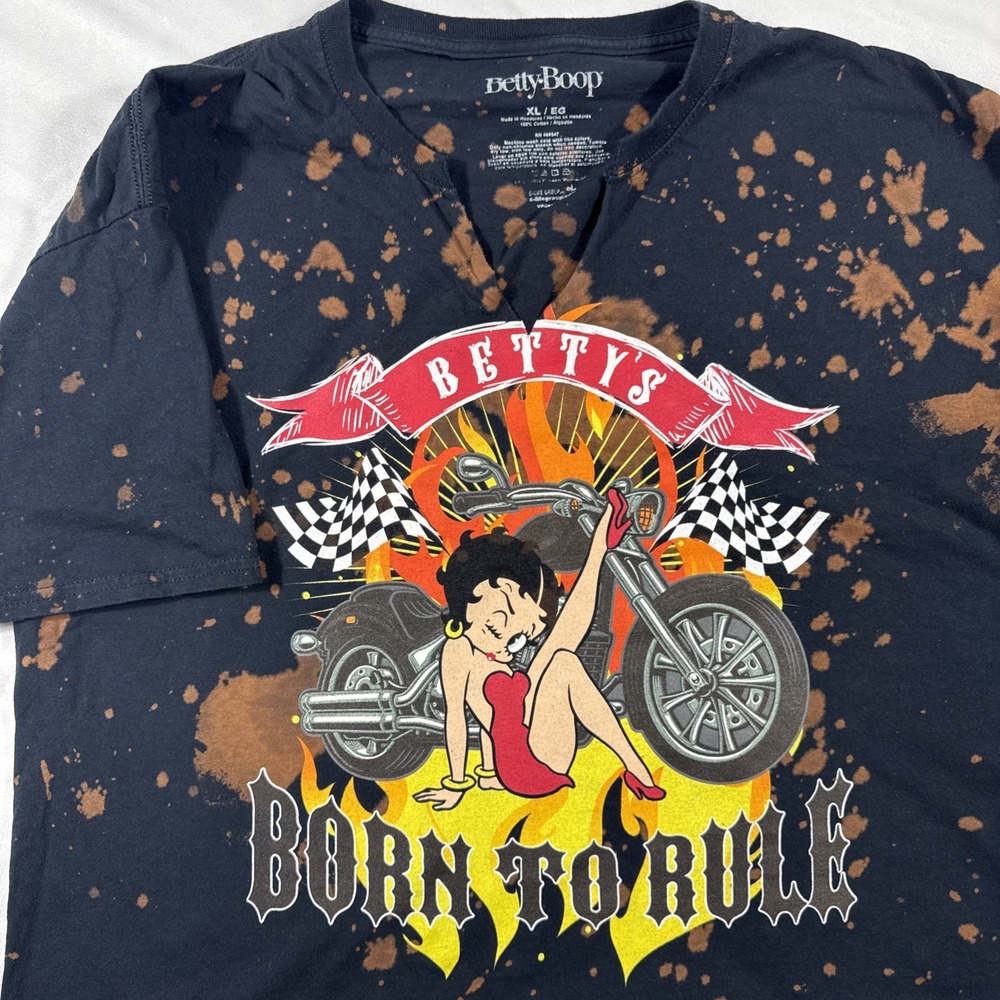 Betty Boop‎ Crop T-Shirt Tee  "Born To Rule" Shirt Black XL Distressed Biker